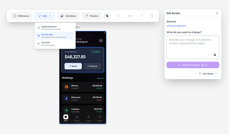 Product manager iterating and refining visual UI designs quickly
